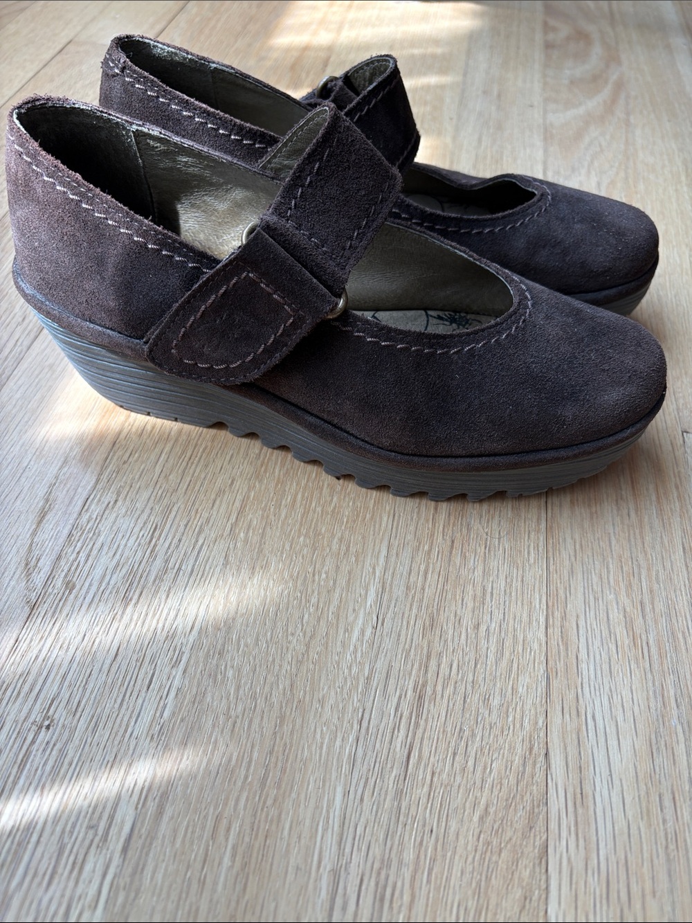Fly London Brown Suede Wedge Mary Jane Shoes